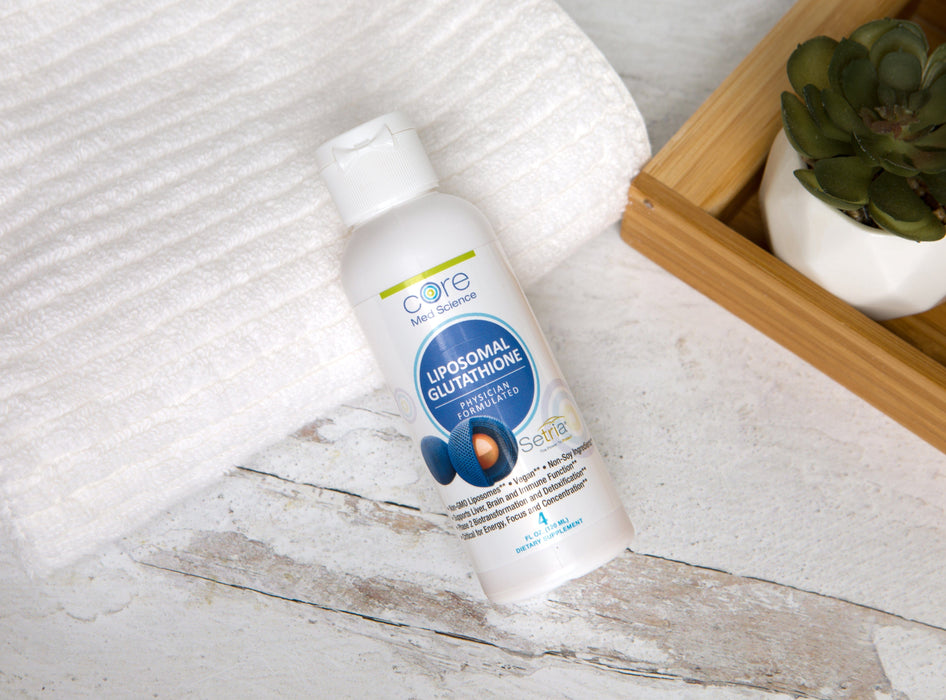 Bottle of Core Med Science Liposomal Glutathione on the counter