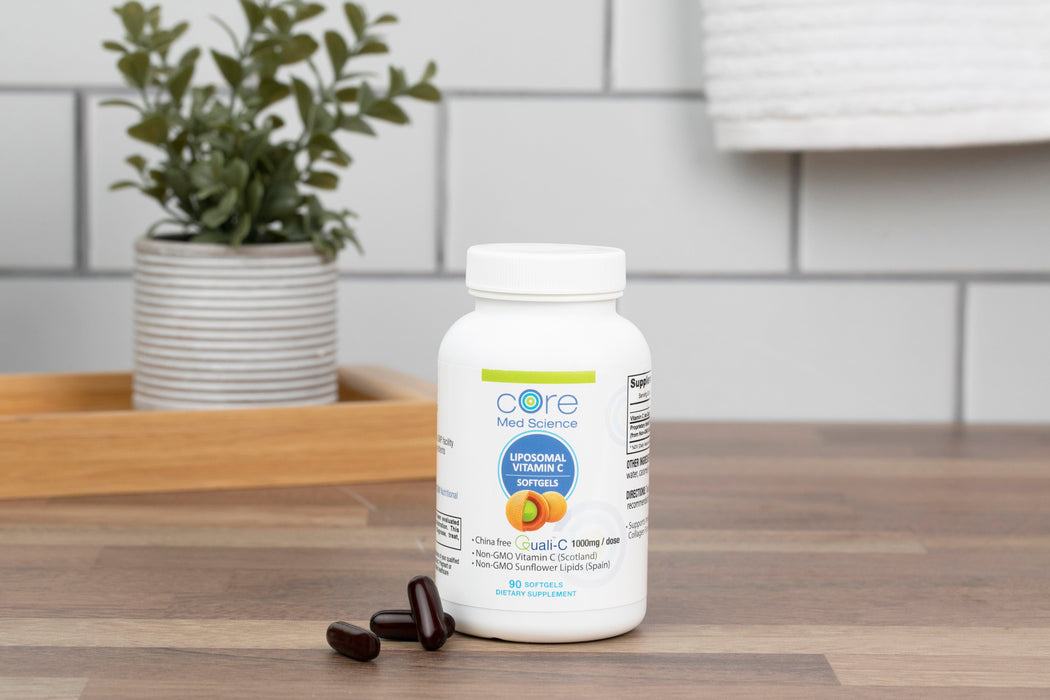 Bottle of Core Med Science 90 Count Vitamin C - On counter