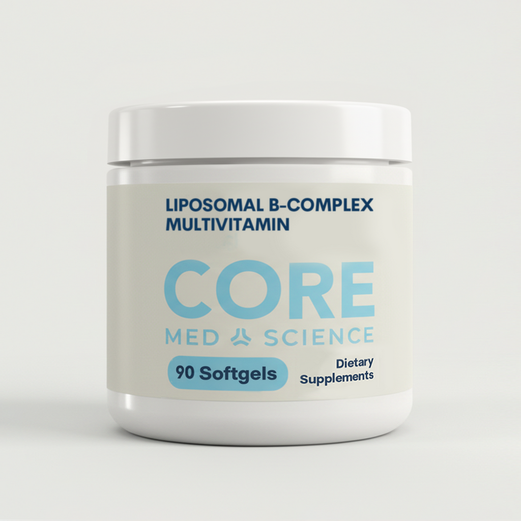 White container of Liposomal B-Complex Multivitamin softgels with blue label, 90 count.
