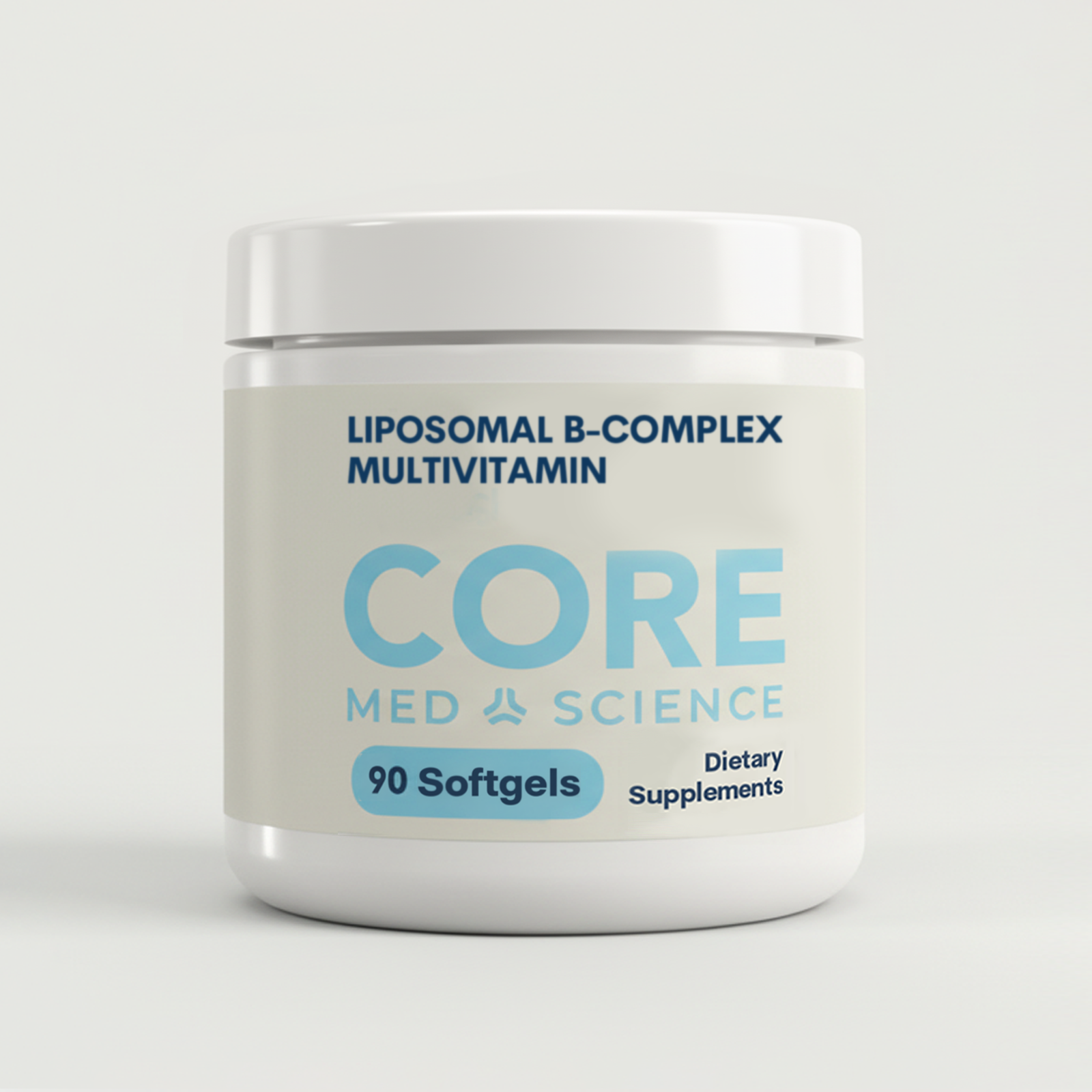 White container of Liposomal B-Complex Multivitamin softgels with blue label, 90 count.