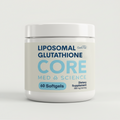 White container of Liposomal Glutathione Core softgels with blue label showing 60 count and 500 mg per serving dosage.