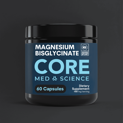 Black bottle of Magnesium Bisglycinate Core dietary supplement containing 60 capsules with blue label.