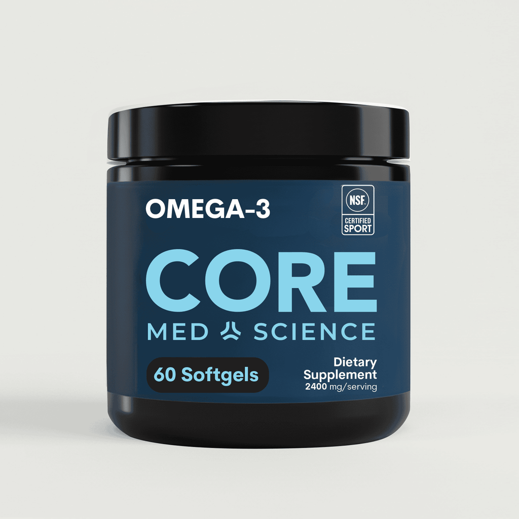 Dark blue and black container of Omega-3 Core Med Science dietary supplement softgels with NSF Certified Sport label.