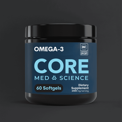 Blue and black container of Omega-3 Core dietary supplement softgels with NSF Certified Sport label.