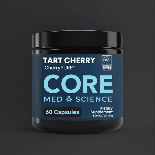 Dark blue and black bottle of Tart Cherry Core dietary supplement containing 60 capsules with NSF and Certified Sport labels.
