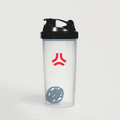 Clear plastic shaker bottle with black lid, red logo, and blue mesh ball inside.