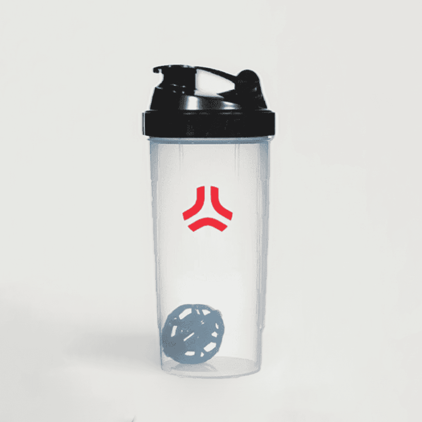 Clear plastic shaker bottle with black lid, red logo, and blue mesh ball inside.