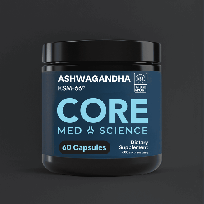 Dark glass jar with blue label reading "Ashwagandha KSM-66 Core Med Science 60 Capsules" and NSF Certified Sport seal.