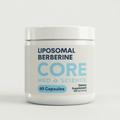 White cylindrical supplement bottle labeled "Liposomal Berberine Core" with white cap containing 60 capsules.