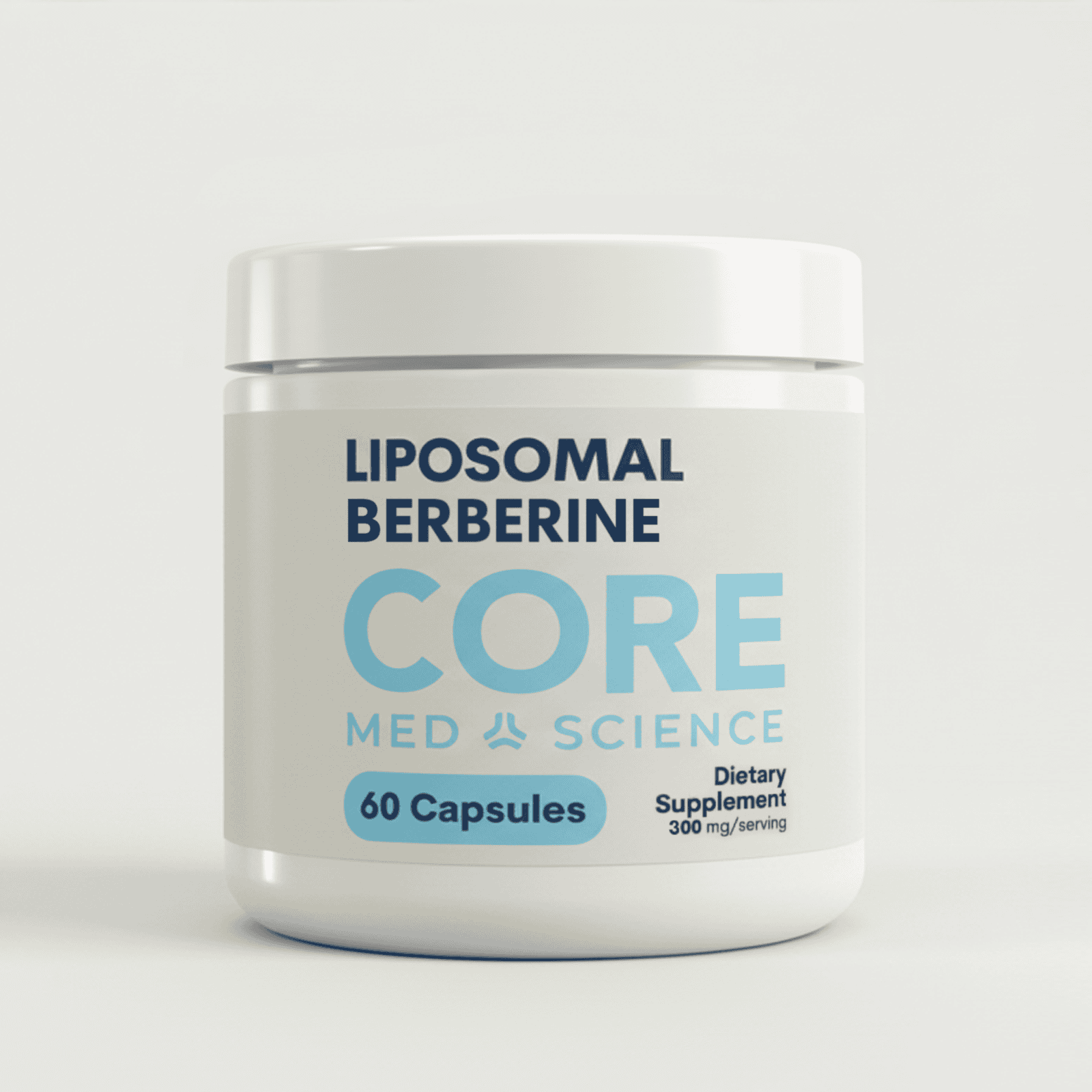 White cylindrical supplement bottle labeled "Liposomal Berberine Core" with white cap containing 60 capsules.
