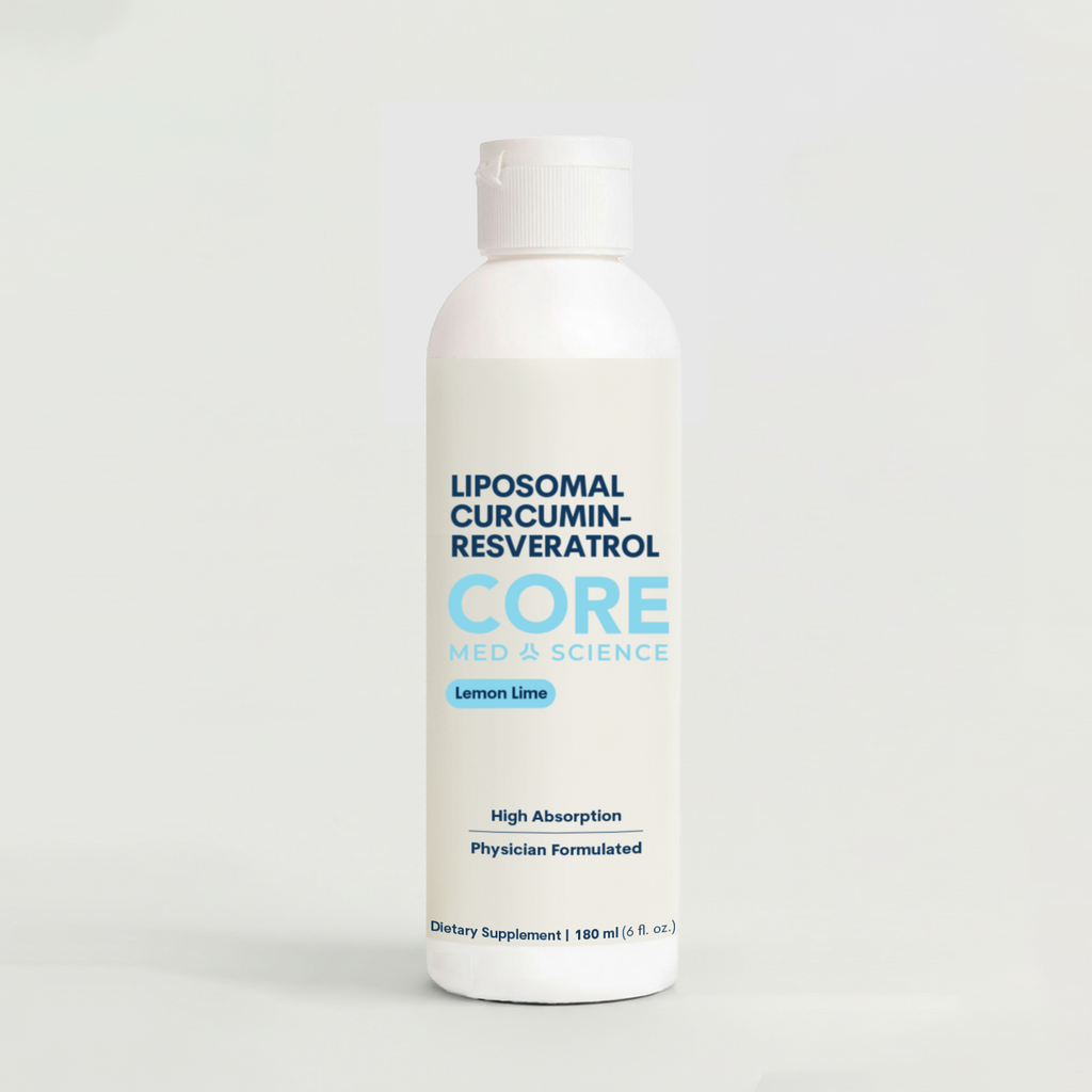 Clear plastic bottle with white cap containing pale yellow liquid labeled Liposomal Curcumin-Resveratrol Core in lemon lime f