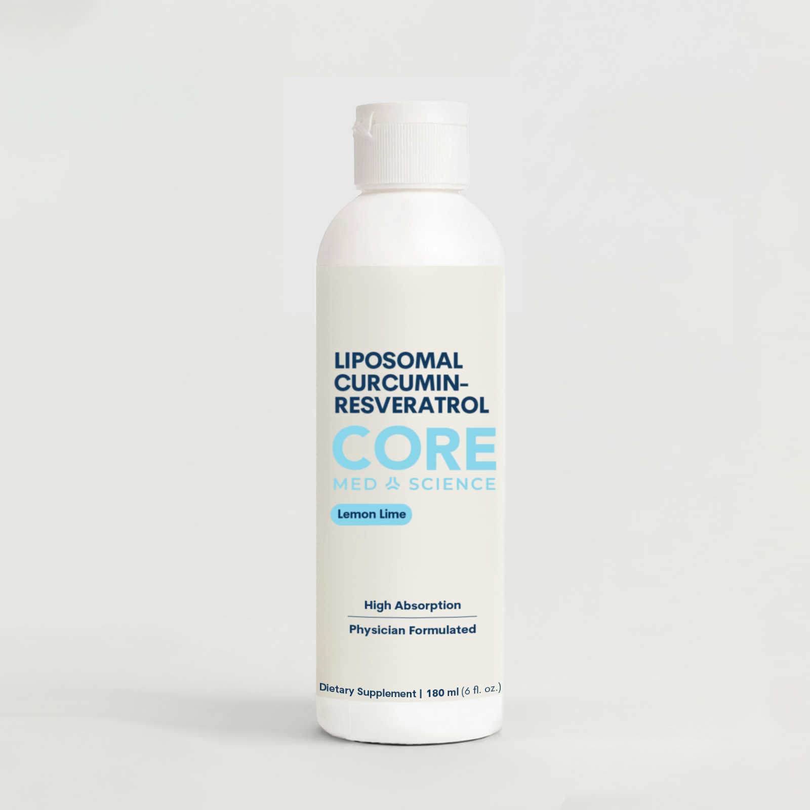 Clear plastic bottle with white cap containing pale yellow liquid labeled Liposomal Curcumin-Resveratrol Core in lemon lime f