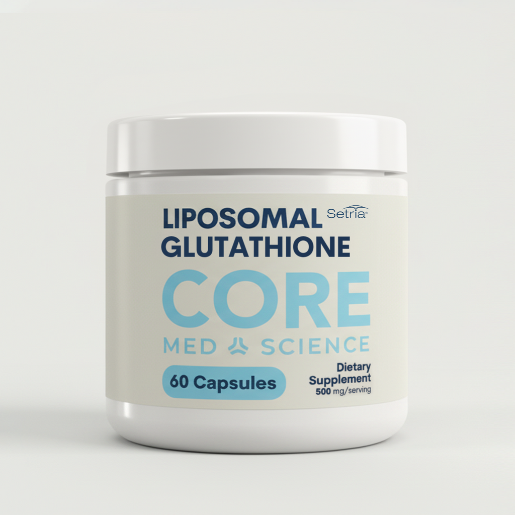 White plastic jar with blue label containing 60 liposomal glutathione capsules, 500 mg per serving.