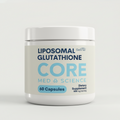 White plastic jar with blue label containing 60 liposomal glutathione capsules, 500 mg per serving.