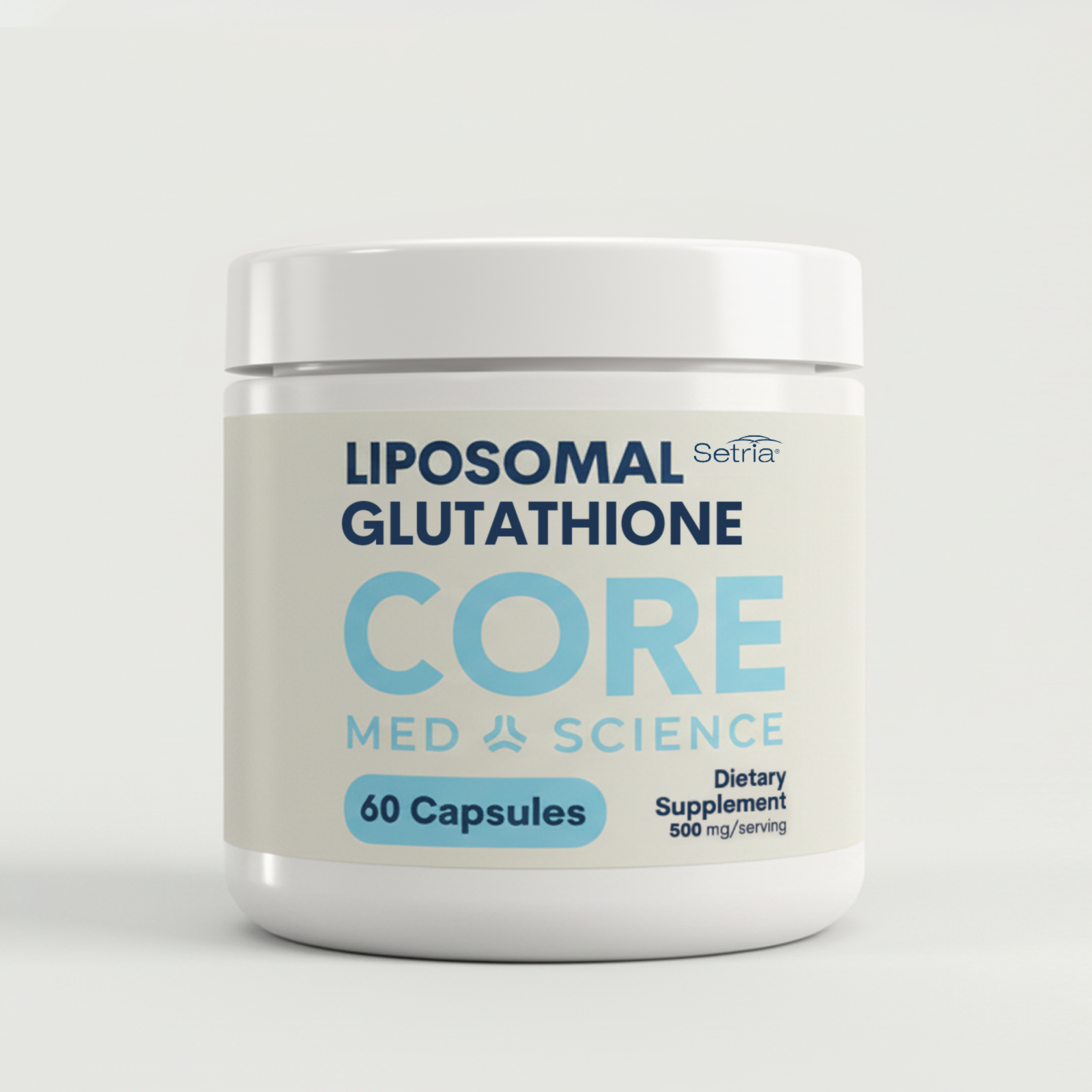 White plastic jar with blue label containing 60 liposomal glutathione capsules, 500 mg per serving.
