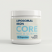 White plastic bottle with white cap containing 90 capsules of Liposomal Iron Core supplement labeled 65 mg per serving.