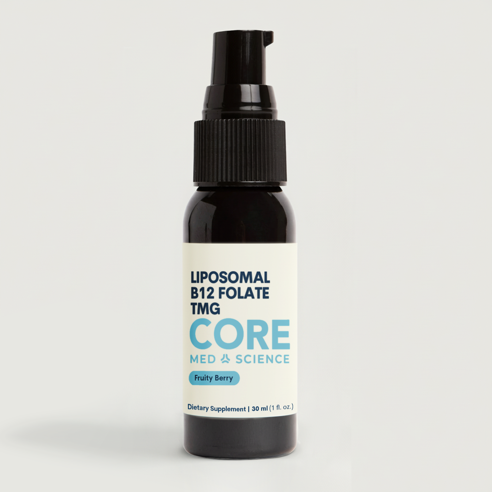 Black spray bottle with white label reading "Liposomal B12 Folate TMG" and "Core Med Science" branding, 1 fl oz size.