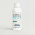 White plastic bottle with blue and teal label for Liposomal Glutathione Core supplement in Mixed Berry flavor, 120ml size.