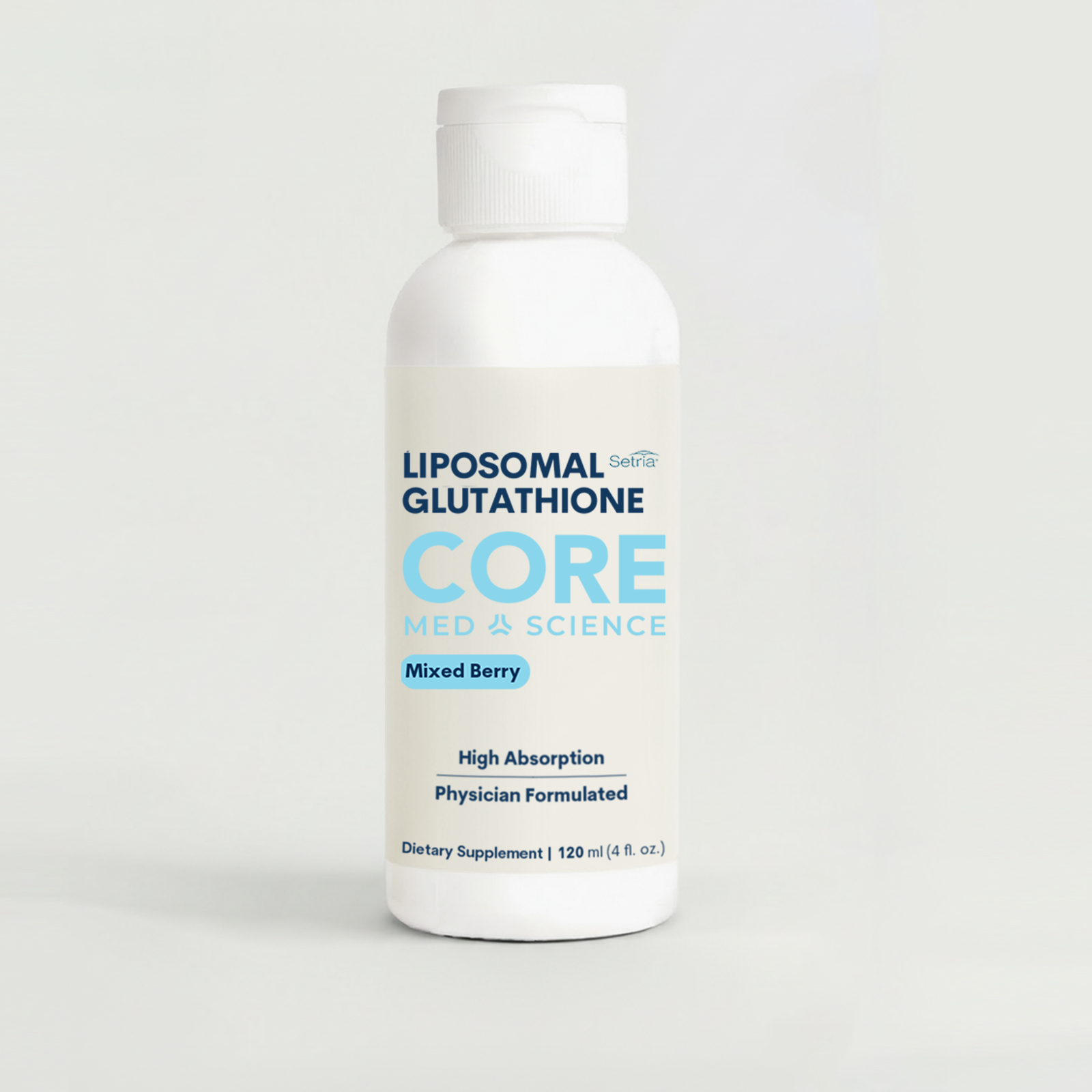 White plastic bottle with blue and teal label for Liposomal Glutathione Core supplement in Mixed Berry flavor, 120ml size.