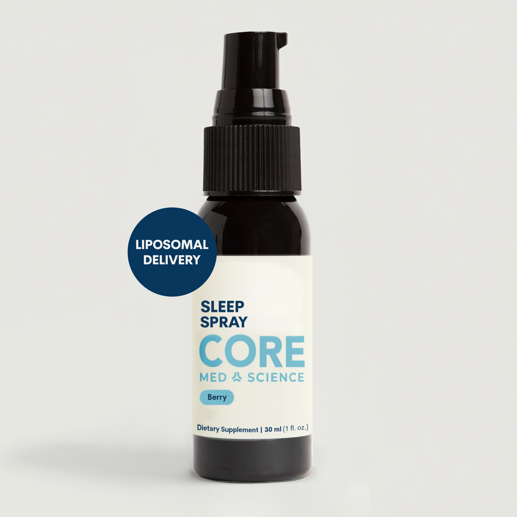 Black spray bottle with white label reading "Sleep Spray" and "Core Med Science" in blue text, labeled as dietary supplement.