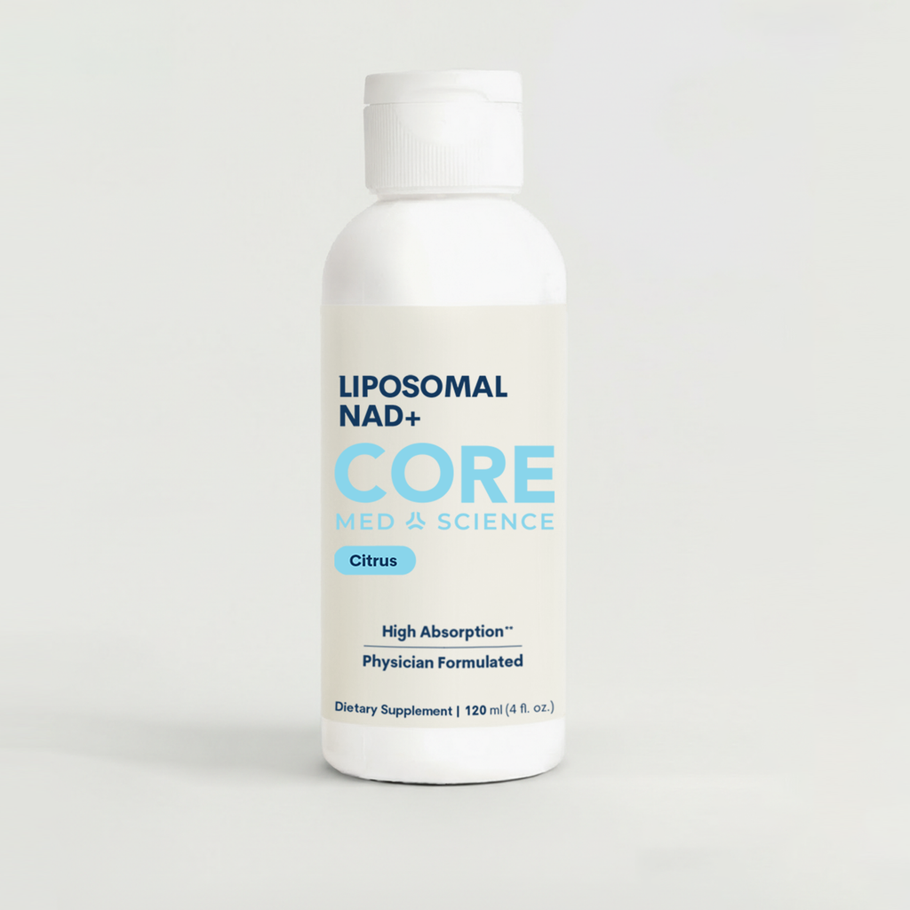 White bottle with white cap containing clear liquid labeled "Liposomal NAD+ CORE" in blue and light blue text with citrus fla