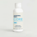 White bottle with white cap containing clear liquid labeled "Liposomal NAD+ CORE" in blue and light blue text with citrus fla