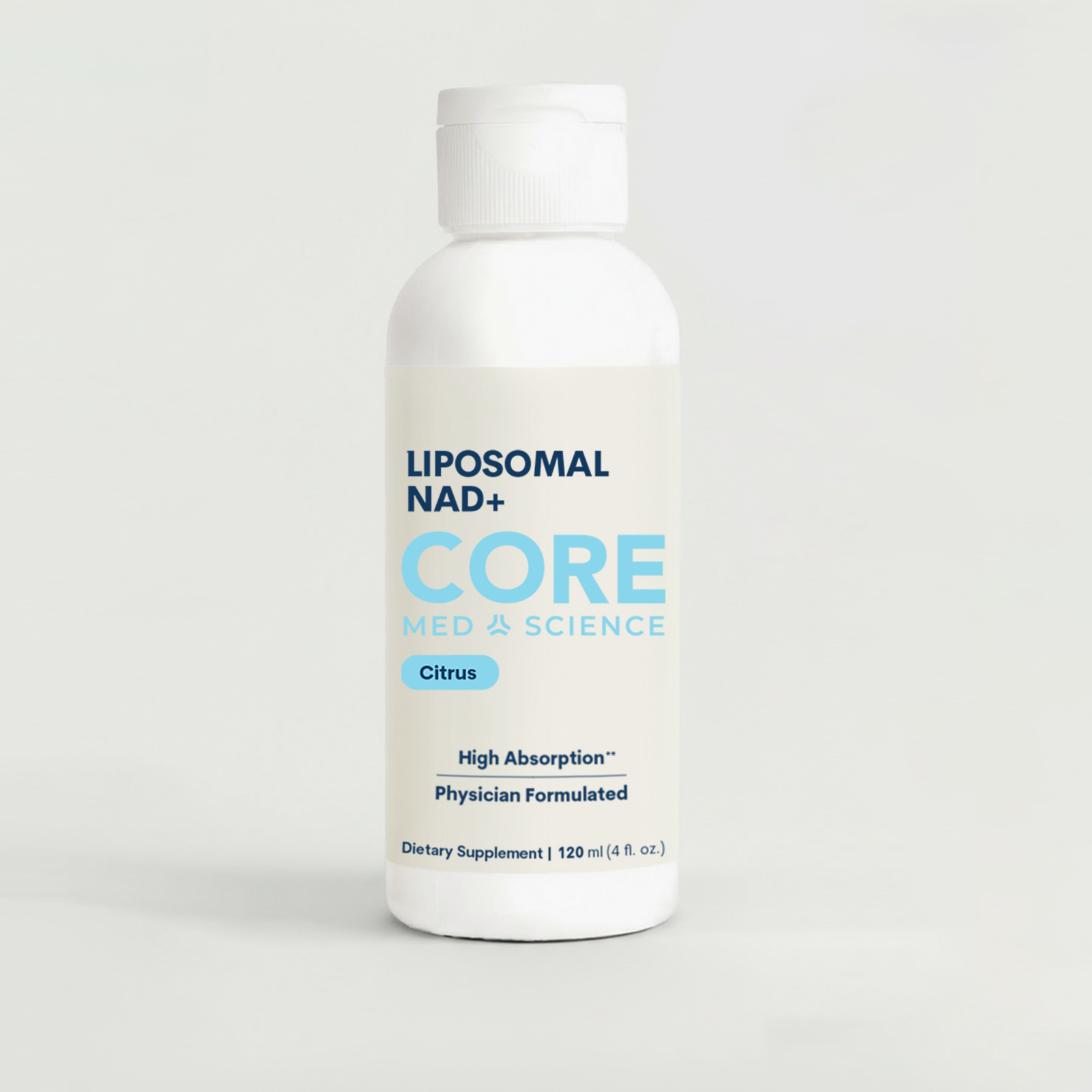 White bottle with white cap containing clear liquid labeled "Liposomal NAD+ CORE" in blue and light blue text with citrus fla