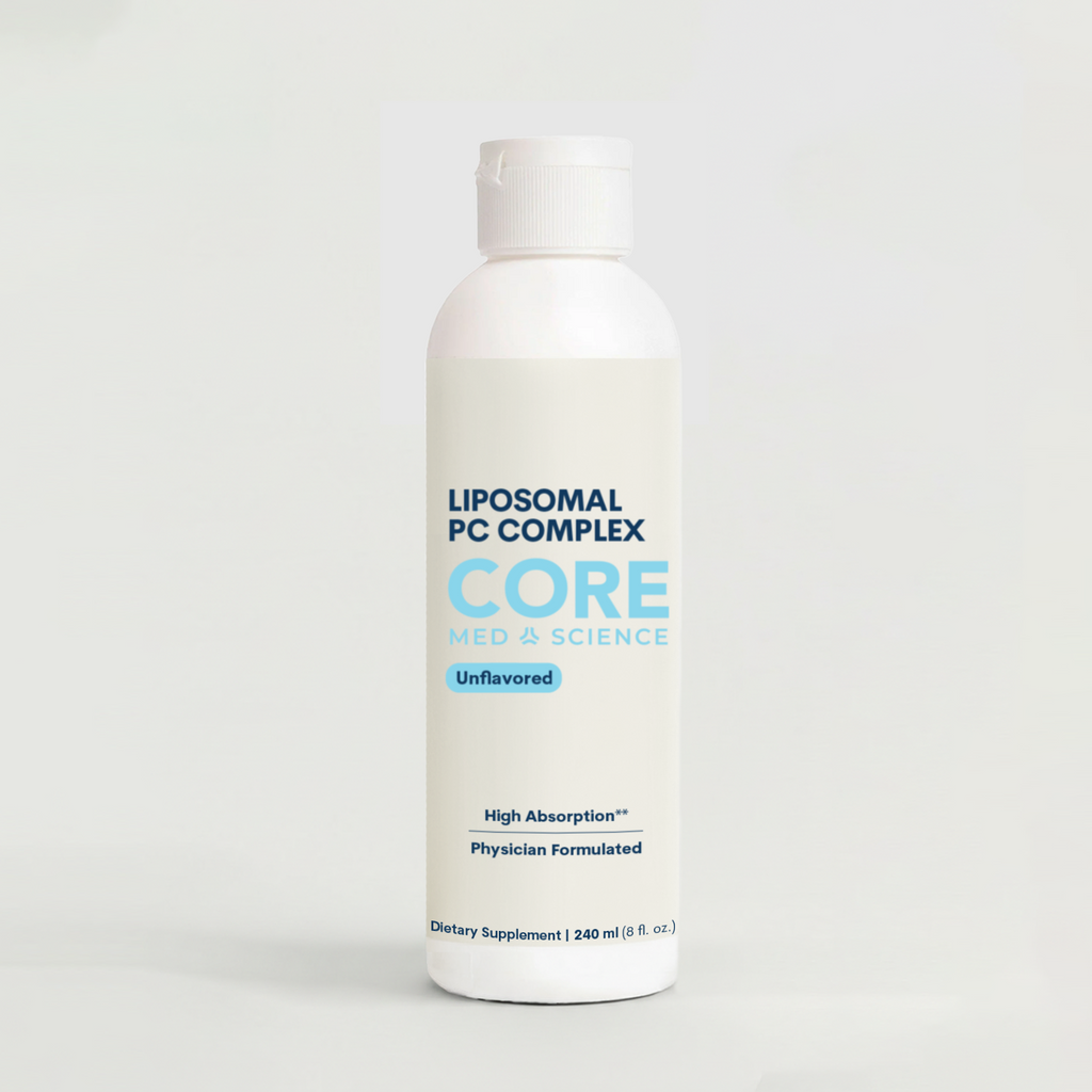 White plastic bottle with blue and light blue label reading "Liposomal PC Complex" by Core Med Science, 240 ml unflavored liq