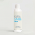 White plastic bottle with blue and light blue label reading "Liposomal PC Complex" by Core Med Science, 240 ml unflavored liq