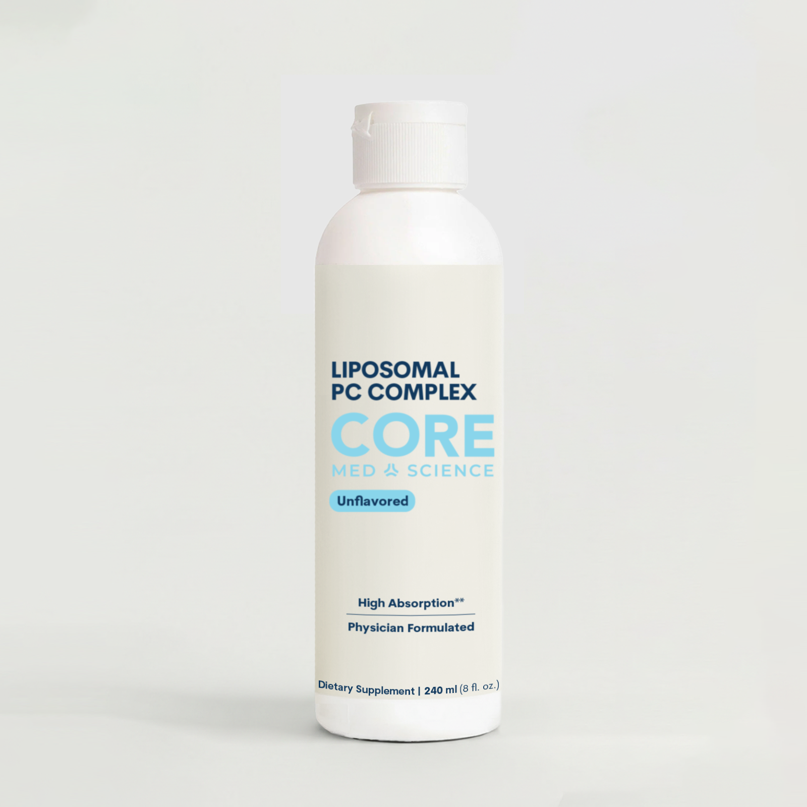White plastic bottle with blue and light blue label reading "Liposomal PC Complex" by Core Med Science, 240 ml unflavored liq