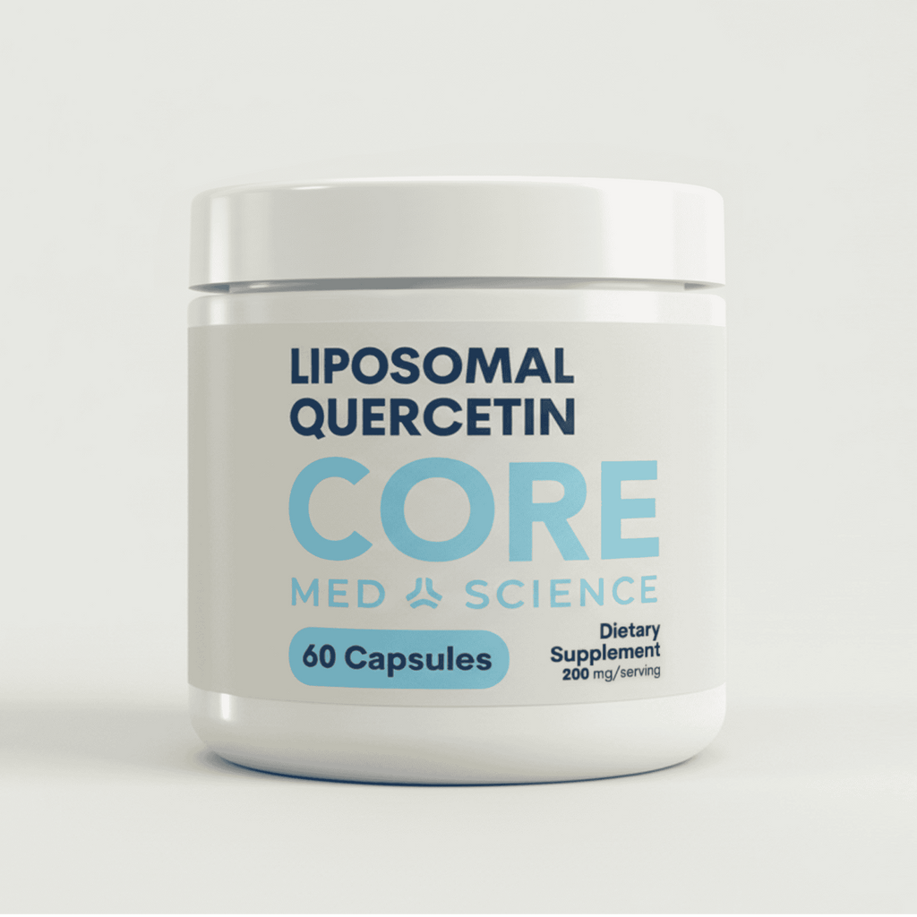 White cylindrical supplement bottle labeled "Liposomal Quercetin Core" with blue text, containing 60 capsules, 200mg per serv