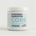 White cylindrical supplement bottle labeled "Liposomal Quercetin Core" with blue text, containing 60 capsules, 200mg per serv