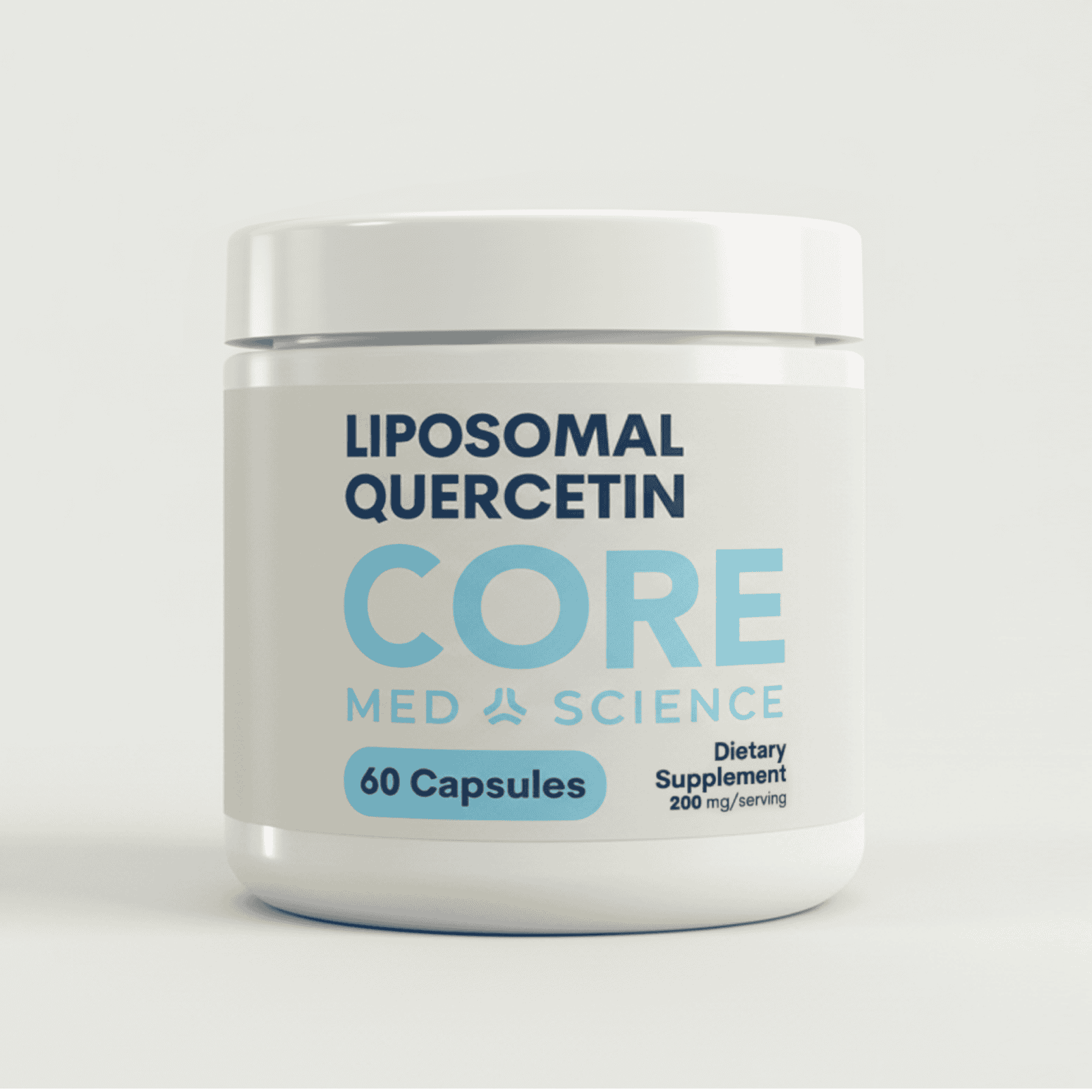 White cylindrical supplement bottle labeled "Liposomal Quercetin Core" with blue text, containing 60 capsules, 200mg per serv