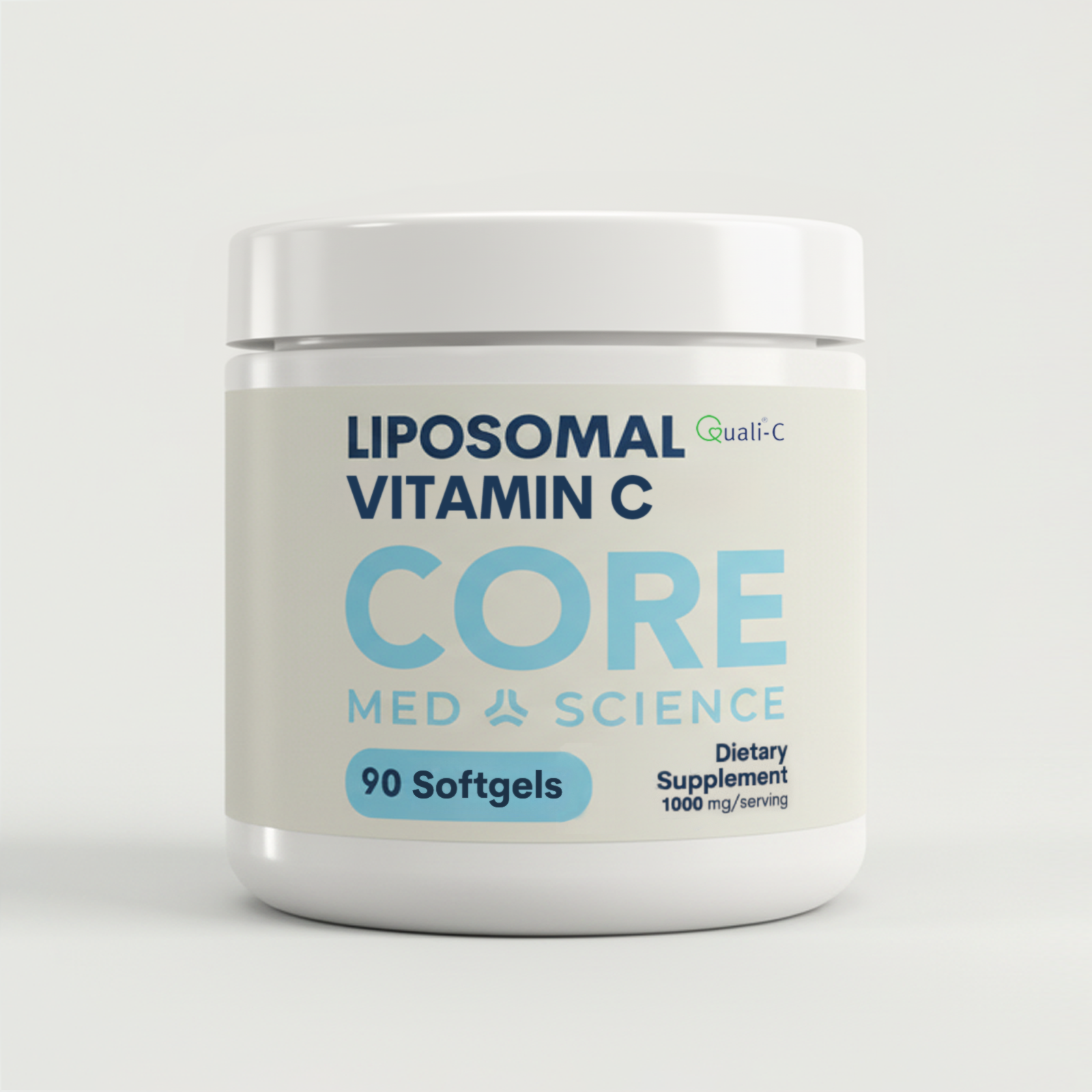 White plastic bottle with white cap labeled "Liposomal Vitamin C Core Med Science" containing 90 softgels.