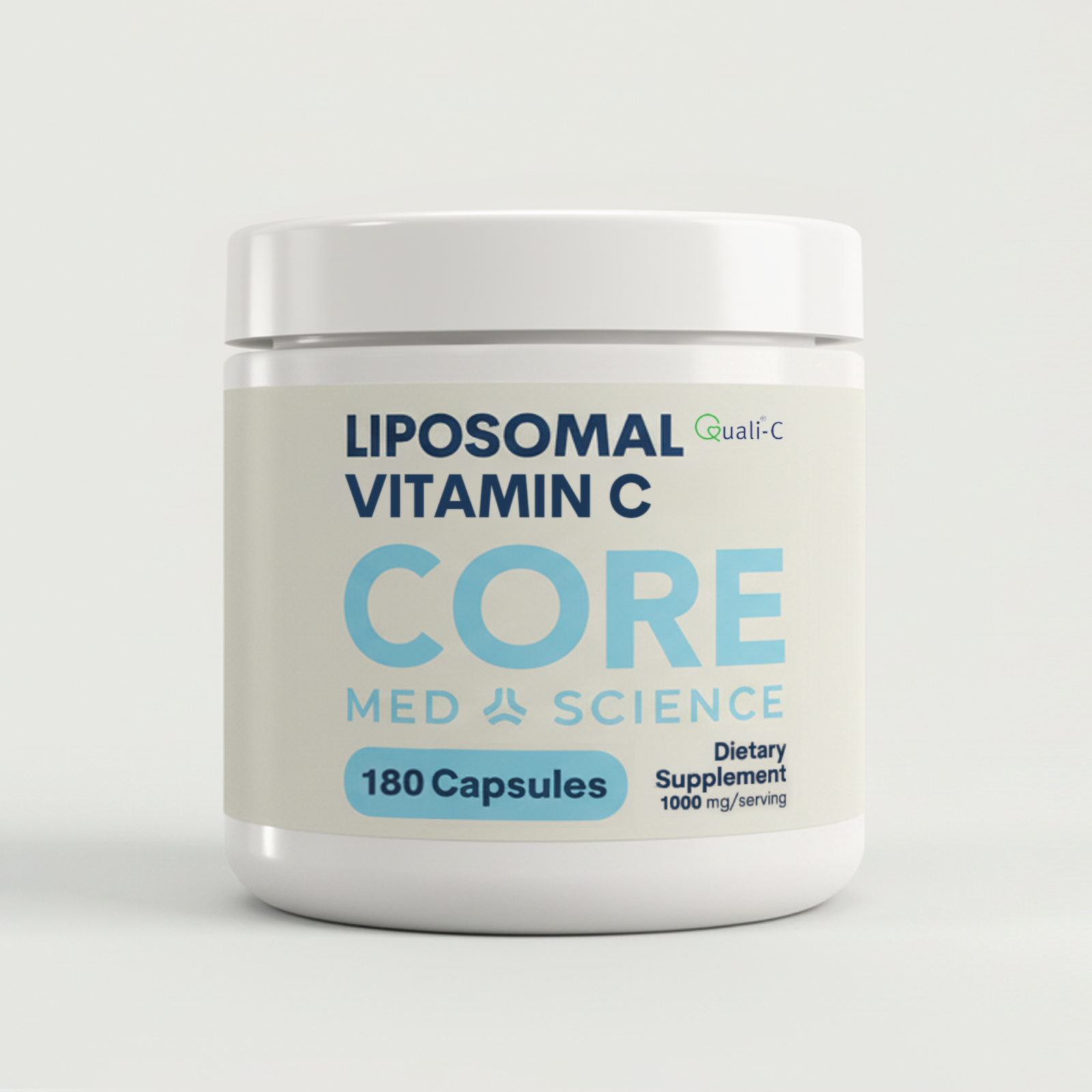 White jar containing 180 liposomal vitamin C capsules with blue and teal label showing "CORE" branding and "1000 mg/serving" 