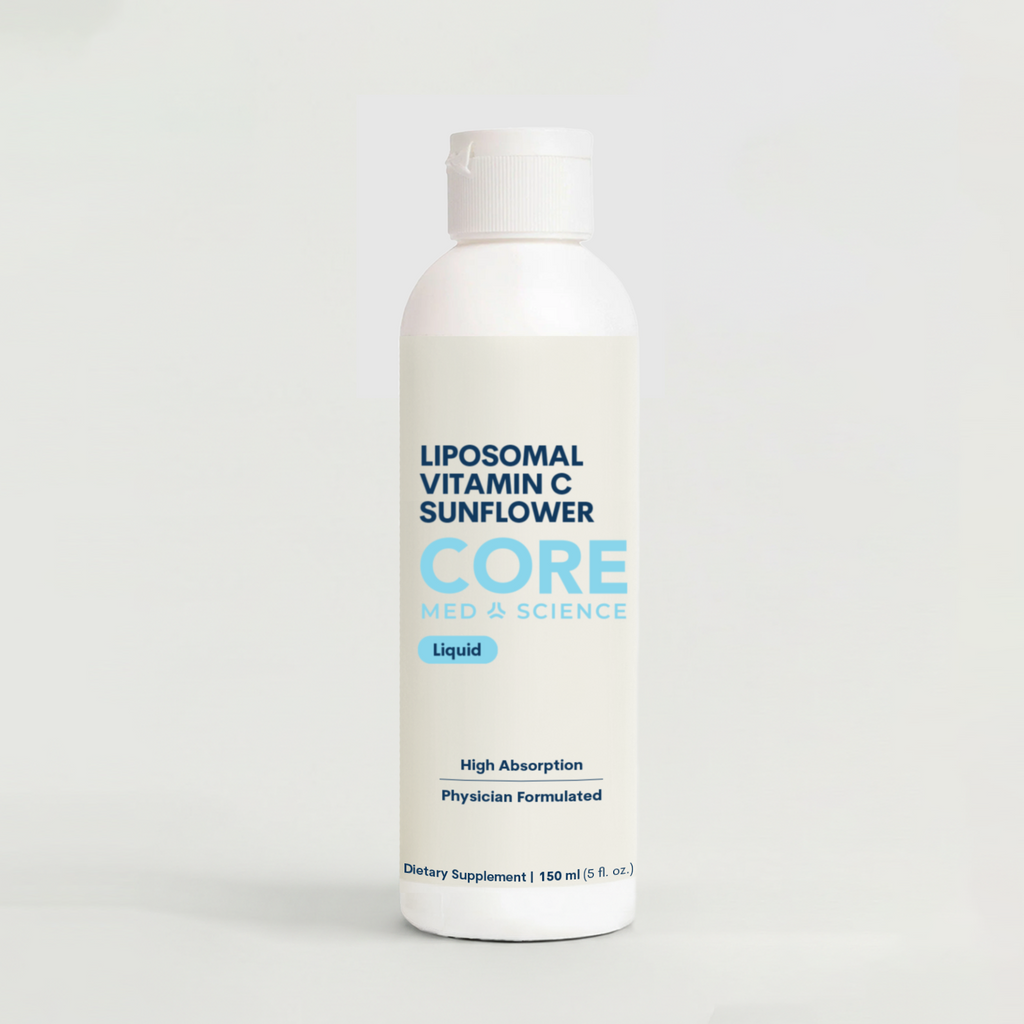 Clear plastic bottle with white cap containing pale yellow liquid labeled "Liposomal Vitamin C Sunflower" by Core Med Science