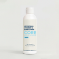 Clear plastic bottle with white cap containing pale yellow liquid labeled "Liposomal Vitamin C Sunflower" by Core Med Science