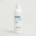 White plastic bottle of liposomal curcumin liquid supplement with orange flavor label and white cap.