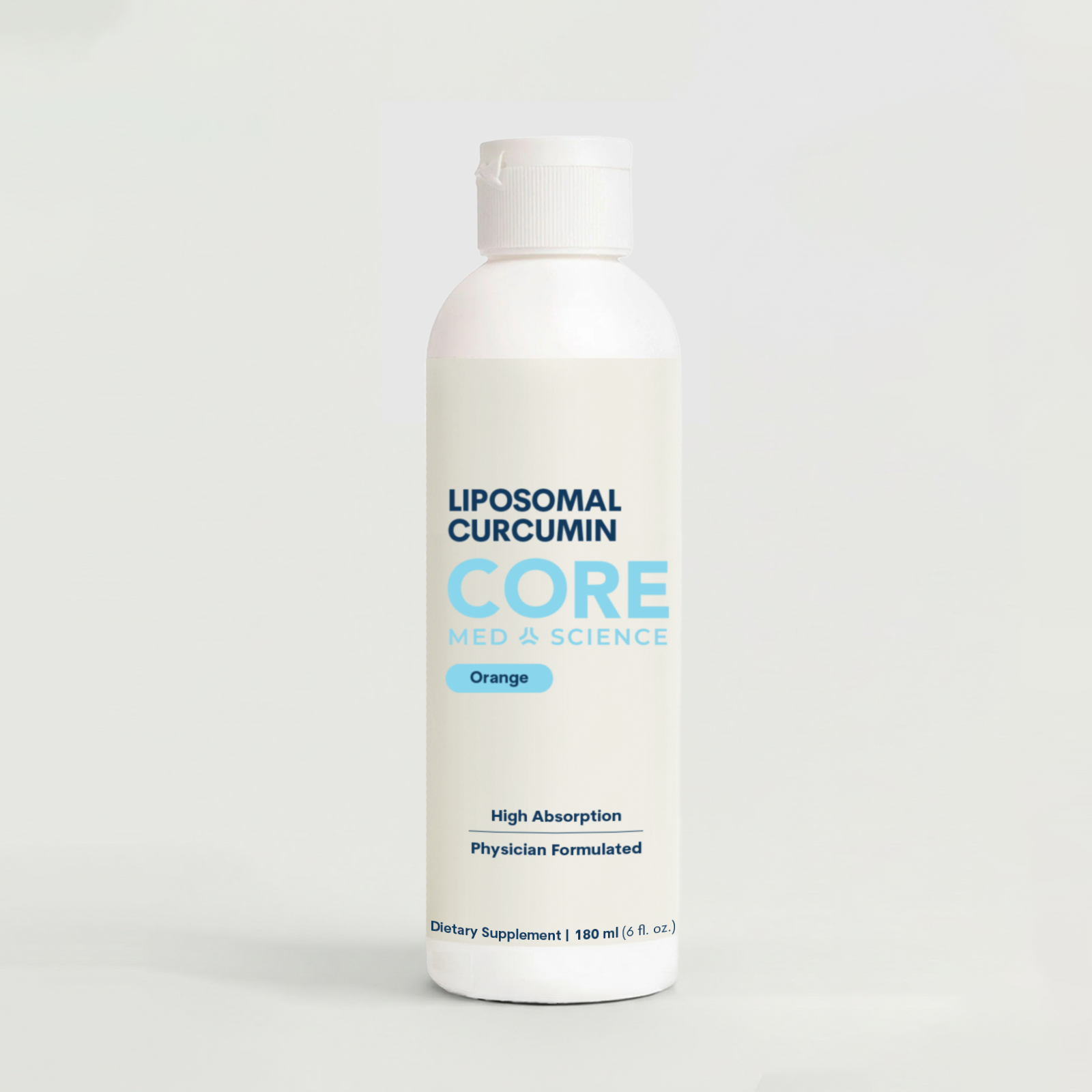 White plastic bottle of liposomal curcumin liquid supplement with orange flavor label and white cap.