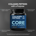 Black glass jar with blue label reading "Collagen Peptides Core Med Science Unflavored" and NSF Certified Sport badge.