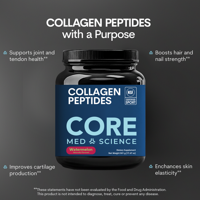 Dark glass jar with black screw cap containing watermelon-flavored collagen peptides powder, labeled "Core Med Science" with 
