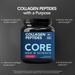 Dark glass jar with black screw cap containing watermelon-flavored collagen peptides powder, labeled "Core Med Science" with 