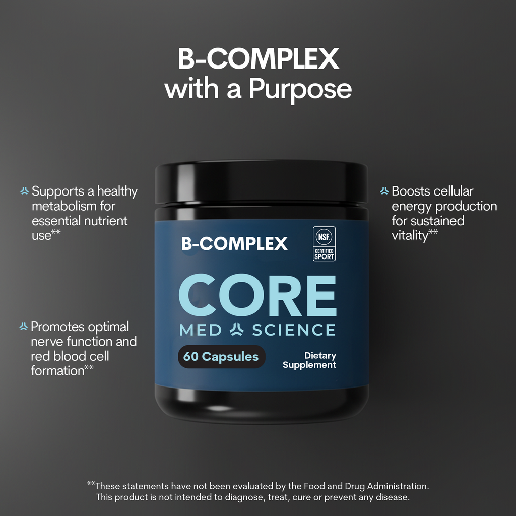 A black bottle with a blue label reads B-Complex, Core Med Science, 60 Capsules, and Dietary Supplement against a dark gray background.