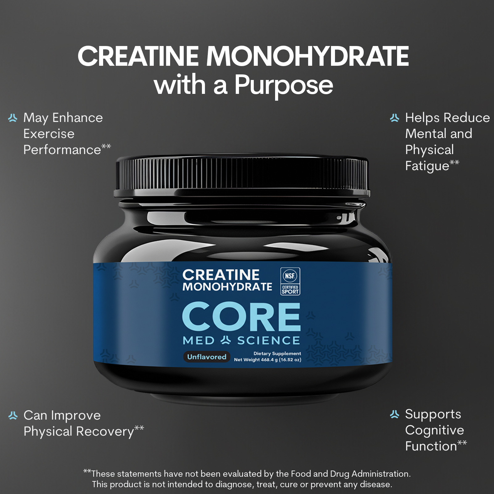 Black jar with blue label containing creatine monohydrate powder, unflavored, 4.4 g net weight.