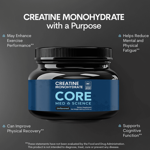 Black jar with blue label containing creatine monohydrate powder, unflavored, 4.4 g net weight.