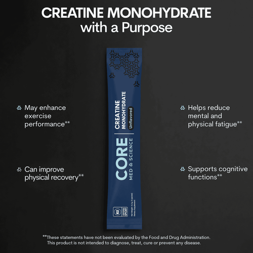 Blue single-serve stick pack of Core Science Creatine Monohydrate supplement on dark background.