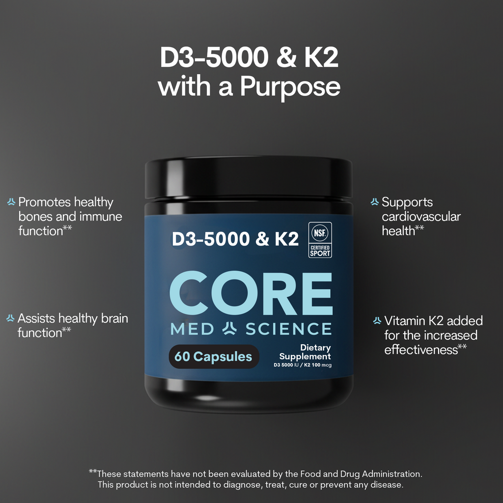 Black bottle with blue label containing 60 capsules of Vitamin D3-5000IU and K2 dietary supplement.
