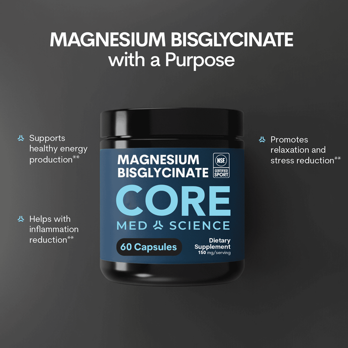 Magnesium Bisglycinate Core supplement bottle with black cap and blue label showing 60 capsules.