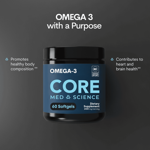 Omega-3 Core dietary supplement bottle with black cap containing 60 softgels, 2400 mg per serving.