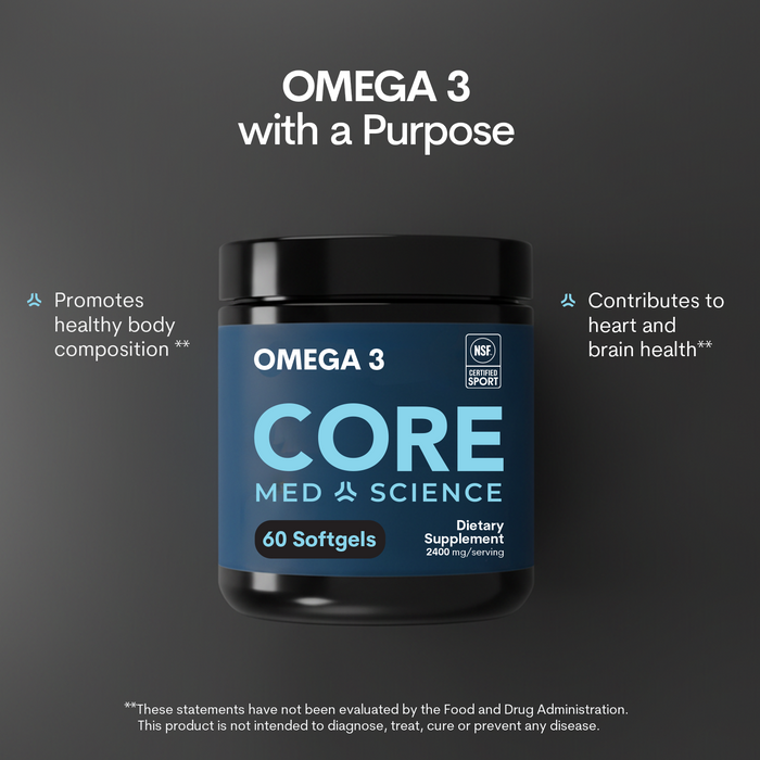 Black container of Omega-3 Core softgel supplements with blue label, 60 count, 2400 mg per serving.